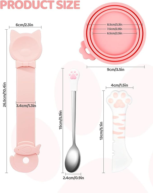 5 PCS Cat Food Can Covers Lids Set, Silicone Pet Food Can Lids with Multi-Function Cat Food Spoon and Opener, Cat Bar Squeezer, Stainless Steel Wet Food Spoon for Cats and Dogs (Pink) (Pink)