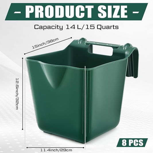 Marsui 8 Pcs 15 Quart Horse Feeders for Stall Hook Over Hanging Fence Hay Feeder Mountable Livestock Plastic Feed Bucket for Farm Stalls Pasture, Stable to Feed Horses Sheep Cattle Cows Etc (Green)