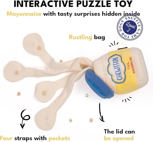 CHEWFFON Dog Enrichment Toys, Interactive Mayonnaise Jar Puzzle, Snuffle Toy for Mental Stimulation, Hide and Seek Crinkle Toy for All Dog Sizes