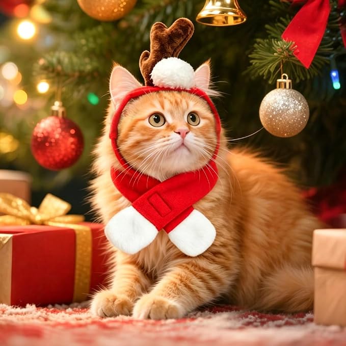 NAMSAN Cat Christmas Reindeer Costume, Small Dog Max Antler with Santa Scarf, Xmas Small Pet Single Reindeer Headband Scarf Outfit, Adjustable Cat Elk Antler and Red Scarves for New Year Cosplay