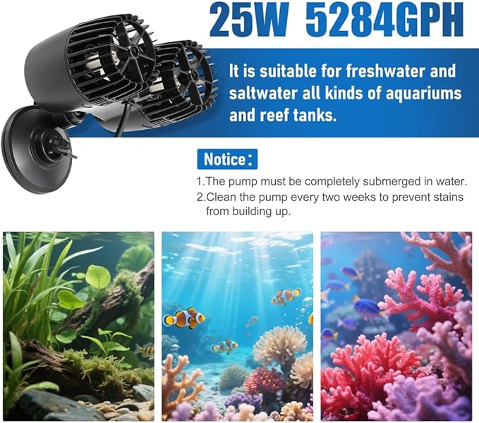 DaToo 5284GPH Mini Aquarium Circulation Pump Ultra-quiet Fish Tank Wave Maker With Suction Cup 360 Degree Rotatable Aquarium Power Head Submersible Water Pump For Freshwater And Saltwater