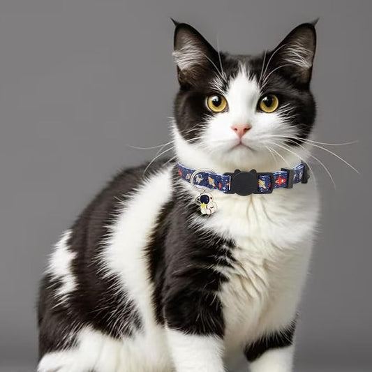 Cat Collar Breakaway, 2 Pack Cotton Kitten Collars with Bells and Removable Charms, Cute Astronaut Shaped for Indoor Boy, Girl and Adult Cats