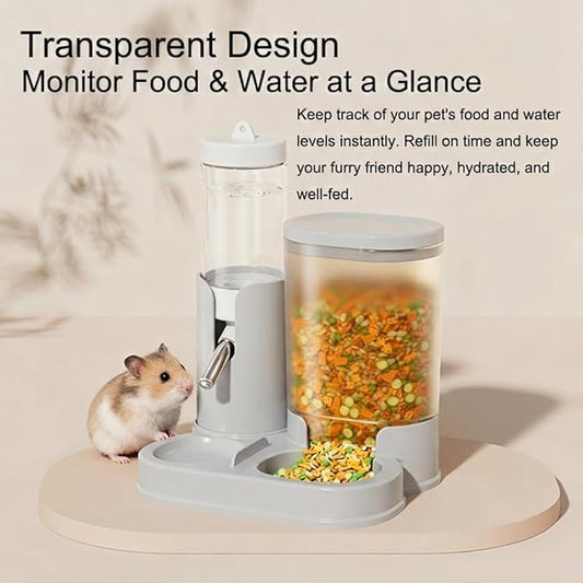 No Drip Hamster Water Bottle, 2 in 1 Automatic Hamster Water Dispenser & Food Bowl, Freestanding Small Animal Water Bottle Cage Accessories for Dwarf Hamster, Gerbil, Rat, Mice (Gray)