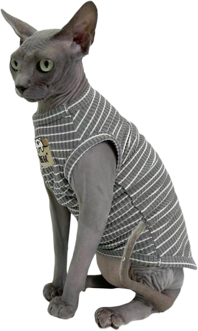 Grey Stripe Sphynx Cat Vest Clothes for Hairless Cat T-Shirt Apparel | Sleeveless, Rib Knit, Thin for Summer, Cotton Blend
