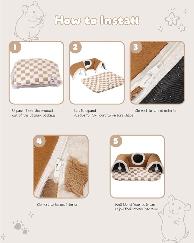 Extra Large Guinea Pig Hideout Tunnel, 3-Cave Small Animal Tunnel for Play Tube Toys Mat, Pet Tunnel for Dwarf Rabbits Bunny Chinchillas Hamsters Hedgehogs Ferrets, Brown, 22.05" × 16.14"× 5.51"
