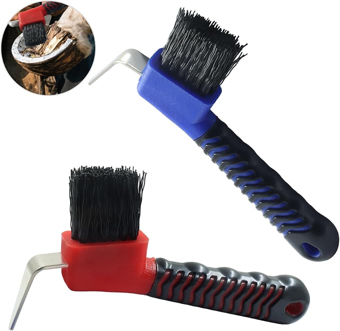 Horse Hoof Pick Brush, Soft Touch Rubber Handle Portable Hoof Pick for Horse Grooming, Cleaning (Red+Blue)