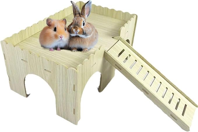 Large Wooden Guinea Pig House - 4 Entrances Small Animal Hide House Hideout with Ramp, Detachable Hut Habitats with Stairs for Hamsters Bunny Chinchillas Hedgeho-g Playing (Wood)