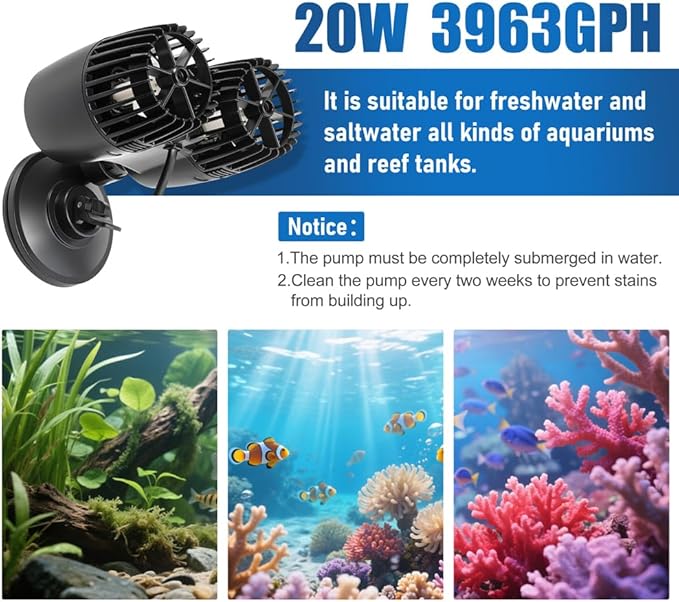 DaToo 3963GPH Mini Aquarium Circulation Pump Ultra-quiet Fish Tank Wave Maker With Suction Cup 360 Degree Rotatable Aquarium Power Head Submersible Water Pump For Freshwater And Saltwater