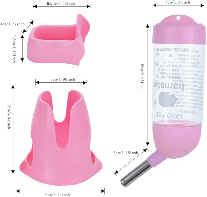 Guardians Hamster Water Bottle, Little Pet Automatic Drinking Bottle with Food Container Base Hut Hanging Water Feeding Bottles Auto Dispenser for Small Animals(80ml,Pink)