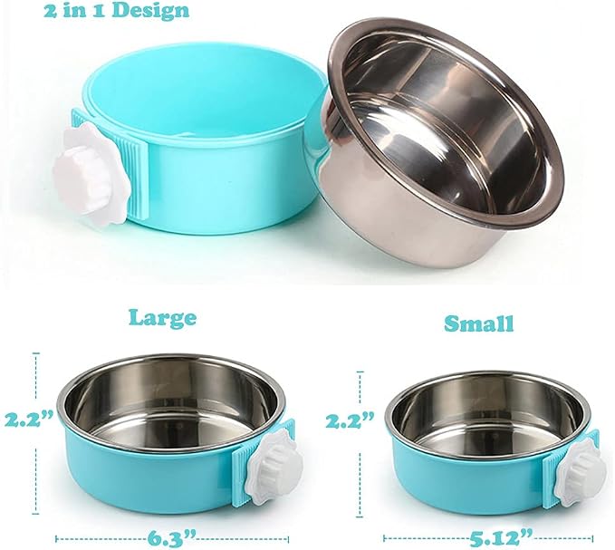 Love Dream Crate Dog Cat Bowls, Removable Stainless Steel Hanging Pet Cage Bowls Kennel, Food Water Feeder with Bolt for Puppy Birds 2 Pack with Silicone Sponge Dish Brush