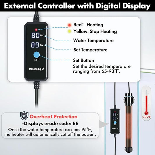 Orlushy Submersible Aquarium Heater, Fish Tank Heater with Free Thermometer for Freshwater and Saltwater Tank