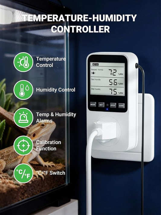 Temperature and Humidity Controller Plug in, Thermostat Controlled Outlet for Humidifier | Temperature Humidity Alarms | Digital Humidistat Controller Switch for Mushroom, Greenhouse, Reptile