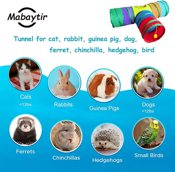 Rabbit Tunnels & Tubes Collapsible 3 Way Rainbow, Play Tunnel Tube Toy with Hanging Ball for Kitten, Puppy, Bunny, Ferret, Interactive Toys for Fun Playtime & Exercise
