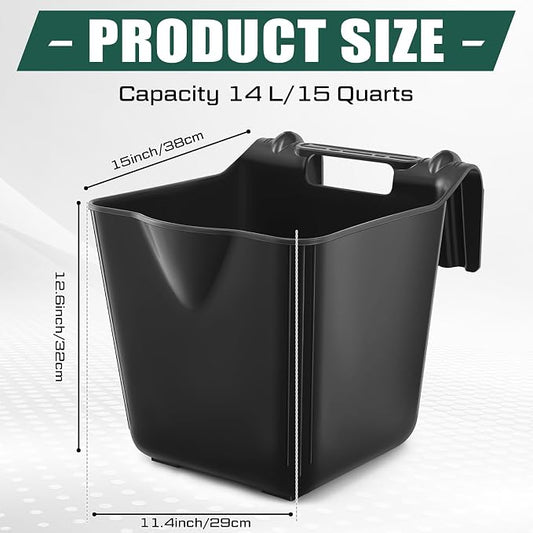 Marsui 1 Pcs 15 Quart Horse Feeders for Stall Hook Over Hanging Fence Hay Feeder Mountable Livestock Plastic Feed Bucket for Farm Stalls Pasture, Stable to Feed Horses Sheep Cattle Cows Etc (Black)