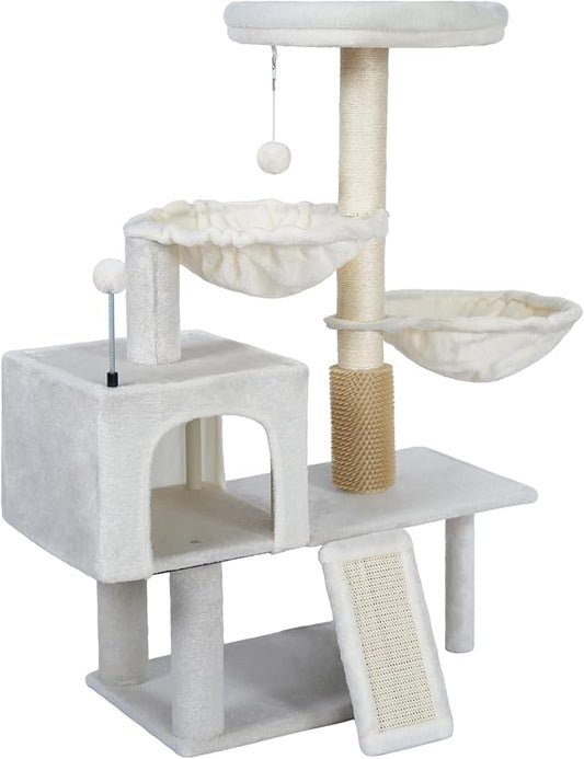 Smouatou Cat Tree with Cat Condo and Two Hammocks, Cat Tower with Scratching Posts and Scratching Pads Cat Toys, Beige