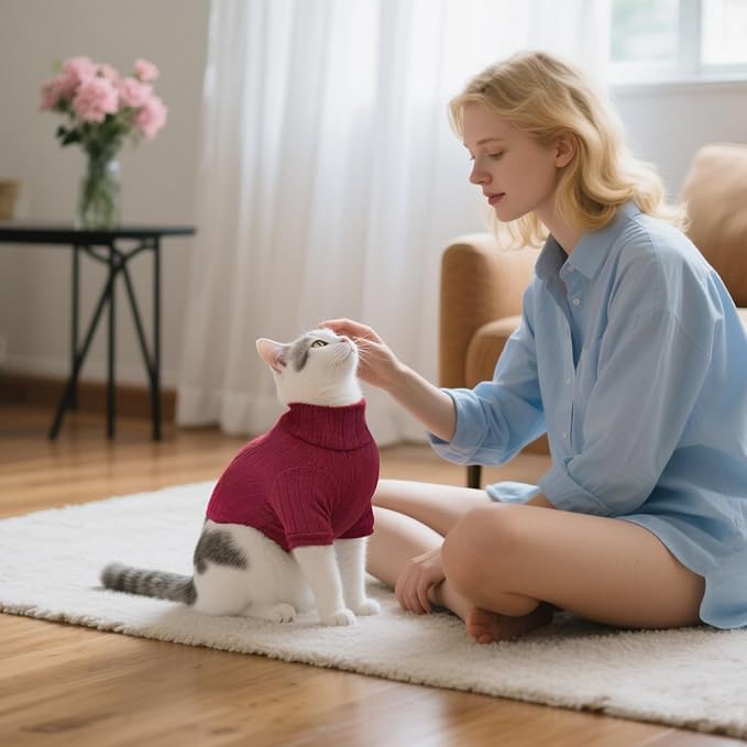 Idepet Sphynx Hairless Cats Sweater Shirt Kitten Soft Puppy Clothes Pullover Cute Cat Pajamas Jumpsuit Cotton Apparel Pet Winter Turtleneck for Cats and Teacup Chihuahua Small Dogs(Red,XS)