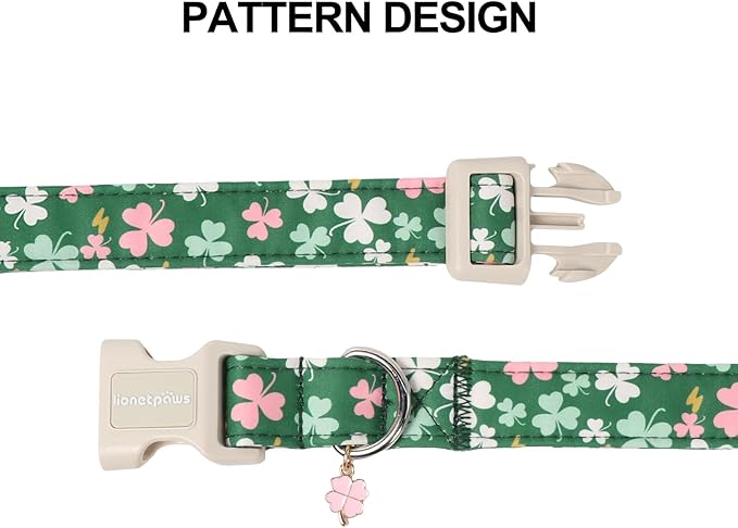 Lionet Paws St. Patrick Dog Collar- Cute Clover Green Dog Collars with Plastic Buckle, Light Adjustable Dogs Collars with Pink Clover Pendant for Small Dogs