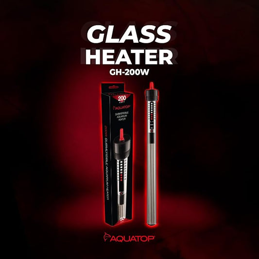 Aquatop 200W Submersible Aquarium Glass Heater – Adjustable Temperature for Tanks Up to 50 Gallons, Freshwater & Saltwater Use, GH-200