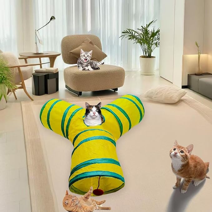 Cat Tunnel Tube Toys,Tunnels for Indoor Cats, Collapsible Interactive Toy with Balls for Rabbits, Kittens, Ferrets, Puppy (3 Way Yellow Green)