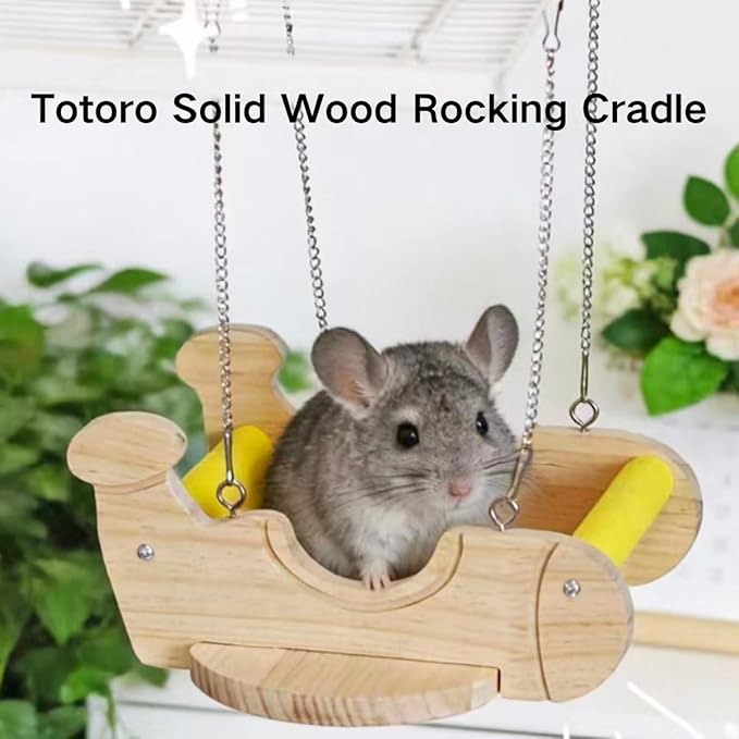 Small Animal Wood Hideout, Wooden Swing Hammock for Chinchilla, Cute Airplane-Shaped, Hanging Cage Accessory with Felt Fence, Small Pet Play Bed for Squirrel Rat, Interactive Enrichment Toy