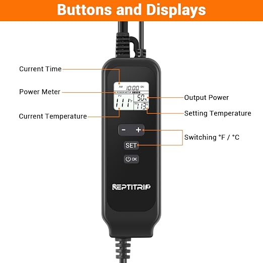 Reptile Dimming Thermostat, Adjustable Day and Night Temperature, Thermostat for Reptile Heat Lamp Heat Pad, PID Temperature Controller, Memory Function, ℉/℃ (Model: PT02A)