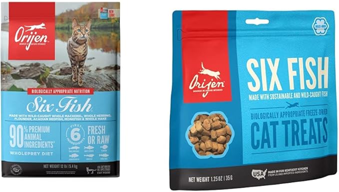ORIJEN® Dry Cat Food, Grain Free, Premium, High Protein, Fresh & Raw Animal Ingredients, Six Fish, 12lb Freeze Dried Cat Treats, Six Fish, 1.25oz