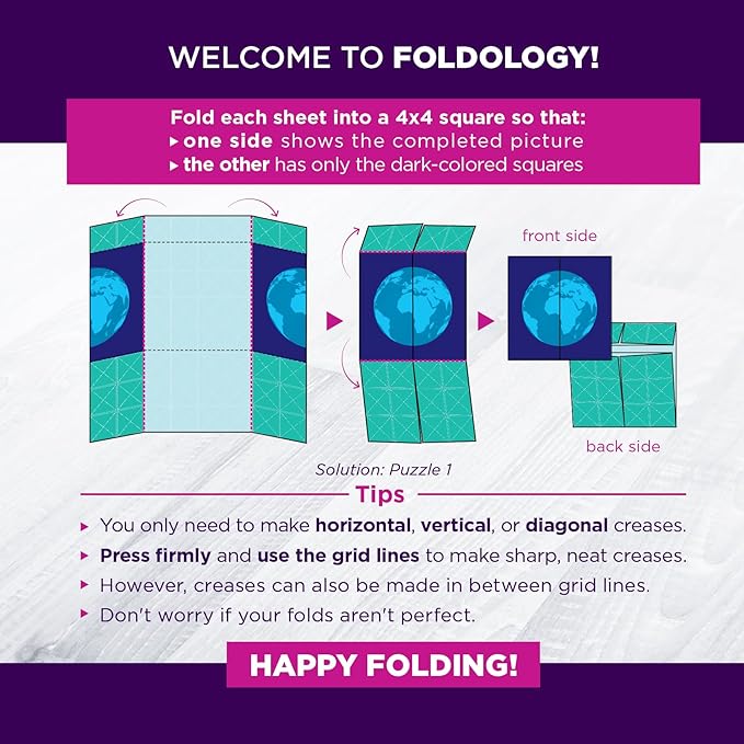FOLDOLOGY - The Origami Puzzle Game! Brain Teasers for Tweens, Teens & Adults | Easter Basket Stuffer, Gift for Ages 10+, Travel Game, STEM Toy | Fold the Paper, Complete the Picture | 100 Puzzles