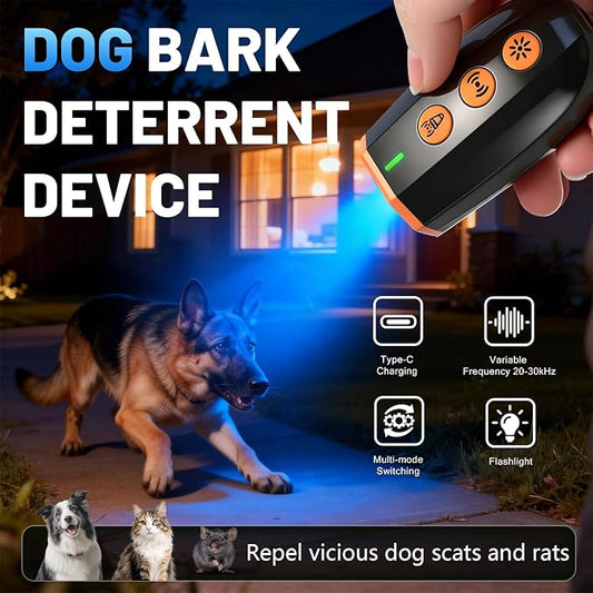 Ultrasonic Bark Deterrent Device, 3-in-1 Compact Humane Safe Dog Barking Control Tool, Handheld Dog Repellent with LED Strobe & Flashlight, Rechargeable Dog Training Aid for Indoor Outdoor Use