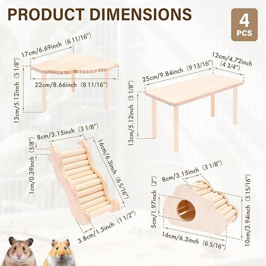 4 PCS Natural Wood Hamster Cage Accessories Set, Multi-Level Habitat Decor with Cloud Hideout, Climbing Ladder & Standing Platforms, Exercise Playground for Syrian Hamsters, Gerbils, Mice (A)