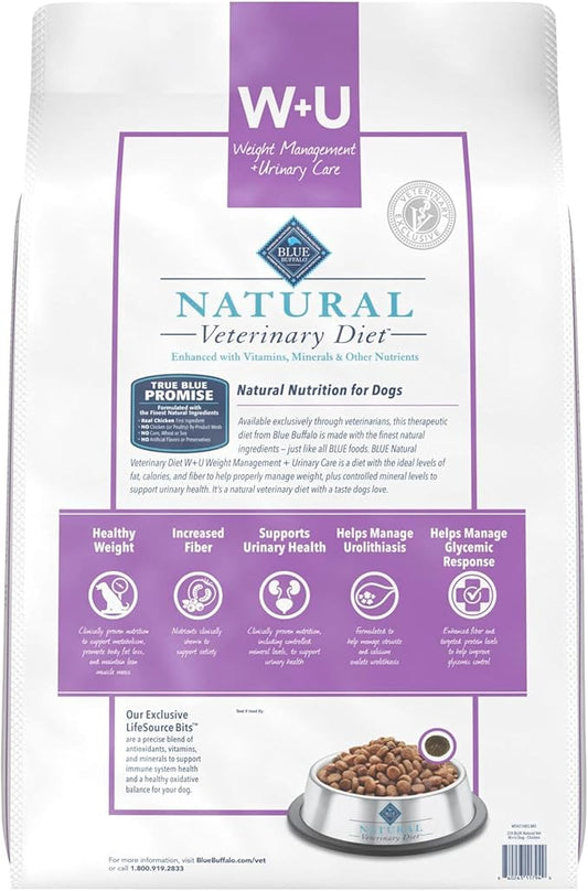 Blue Buffalo Natural Veterinary Diet W+U Weight Management + Urinary Care Dry Dog Food, Veterinarian Prescription Required, Chicken, 22-lb Bag