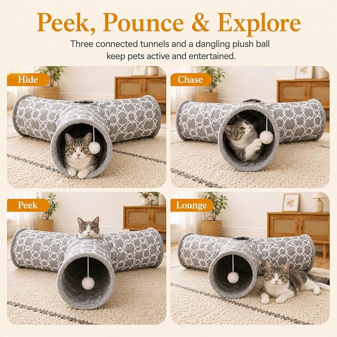 Geometric 3 Way Cat Tunnel with Plush Inside,Cats Toys Collapsible Tunnel Tube with Balls, for Rabbits, Kittens, Ferrets,Puppy and Dogs