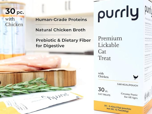 Purrly Lickable Wet Cat Treats Creamy Purée Human-Grade Chicken Breast with Prebiotic and Dietary Fiber for Digestive Health (30 Count) Non-GMO No-Grains No-Artificial-Additive All Ages Low-Phosphorus