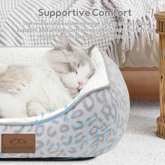 Zerbuger Rectangle Cat Dog Bed for Large Medium Small Pets Indoor Outdoor Machine Washable Sleeping Sofa Non-Slip Bottom Soft Puppy Bed Durable Orthopedic Calming Pet Cuddler (Small, White Leopard)