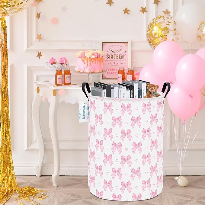Laundry Basket Canvas Fabric Collapsible Organizer Basket for Storage Bin Toy Bins Gift Baskets Bedroom Clothes Children Nursery Hamper (Pink Bowknot)