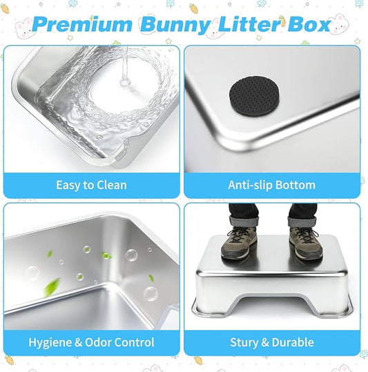 YUEPET 4-in-1 Large Rabbit Litter Box, Non-Slip Stainless Steel Litter Boxes with Sifting Grid & Hay Feeder Food Bowl, Easy Cleaning Bunny Litter Box with Odor Control for Rabbits Small Pets(L)