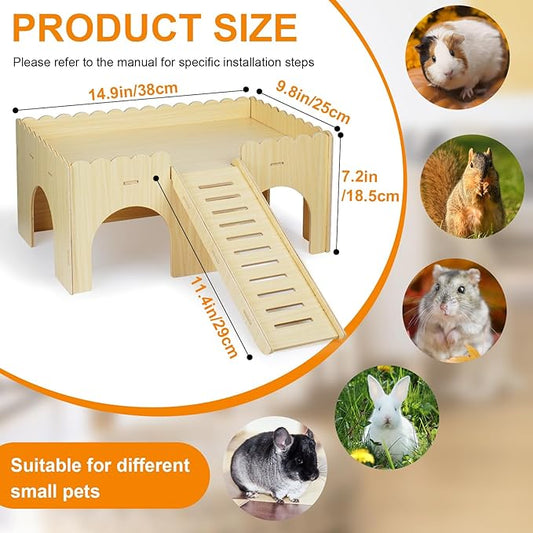 Large Guinea Pig Hideout, Upgraded Wooden Guinea Pig Castle with Guinea Pig ramp, Easy to Assemble Guinea Pig House for Small Animal House Habitat or Hamster Hideout/Rabbit Hideout