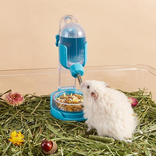 Hamster Water Bottle with Stand, 3.4 oz Water Dispenser with Food Bowl for Syrian Dwarf Hamster Mouse Rat Degu