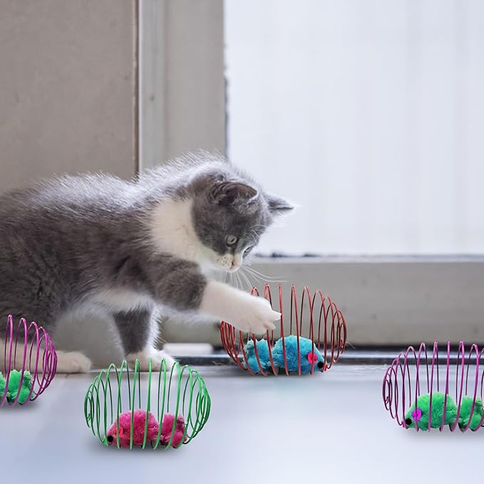 Andiker 6Pcs Cat Spring Toys, 3.9'' Colorful Cat Spring Balls with Mice Interactive Cat Toys Stretchable Metal Cage Balls Spring Cat Toy for Cats Swatting, Hunting Kitten Toys