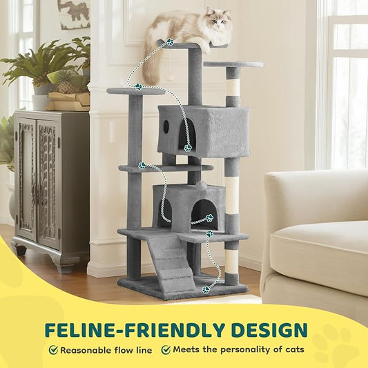 DUMOS 54 Inch Cat Tree Tower, Indoor Multi-Level Pet House for Large Cats with 2 Condos, Scratching Posts, Round Platform, Small Ladder, and Toys, Light Grey