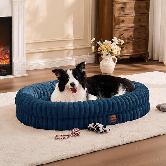 ChiXnuggle Dog Bed Large Sized Dog - Luxury Striped Faux Fur Waterproof Pet Couch with Removable Washable Cover, Orthopedic Pet Bed with Bolster Sides for Sleeping, Midnight Blue