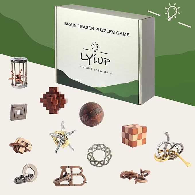 Puzzles Toys Brain Teaser Puzzles 12pcs Ring Puzzles Metal Wooden Puzzles Logic Lock for Adults Kids Toy Gift for Teens