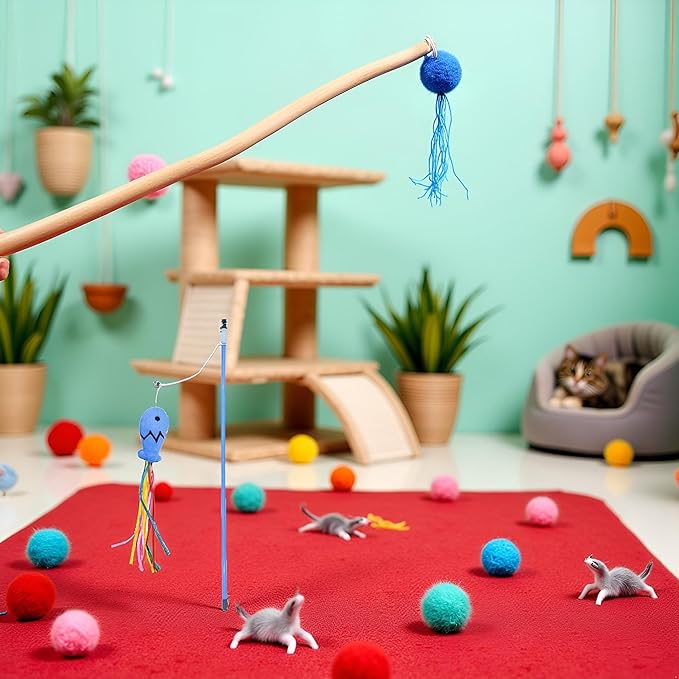BWESOO Blue Cat Wand Kitten Teaser Stick Portable Cat Teaser Fish Design Safe Colorful Balls Cats