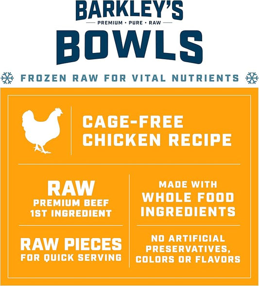 Barkley’s Bowls, Frozen Raw Chicken Dog Food, Fresh Whole Food Ingredients, Cage-Free Chicken, Grain Free, Dog Food Toppers, Human Grade Ingredients, All Dog Breeds, Ages, & Sizes, 4 lb Bag (1 Pack)