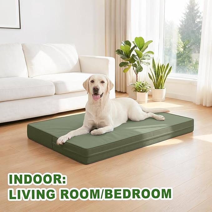 Vonabem Outdoor Dog Bed Waterproof Washable, XL Large Dogs Crate Pad 42 inch, Cooling Wipeable Leather Pet beds, Foam Anti-Slip Kennel Pads with Removable Cover Reversible, 41"x27" Green