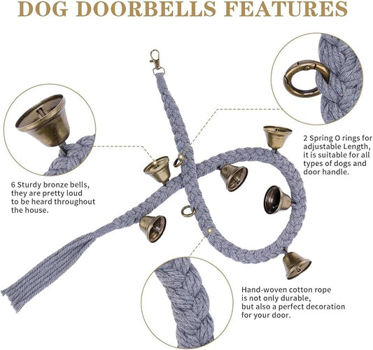 KLOGTSIND 2 Pack Dog Bells for Door Potty Training, Handwoven Cotton Rope Dog Doorbell with 6 Extra Loud Bells, Adjustable Dog Door Bells for Small Medium Large Dogs to Ring to Go Outside, Grey