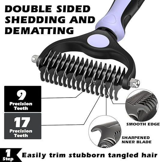 3PCS Self Cleaning Slicker Brush & Pet Grooming Rake & Flea Comb for Dogs,Cats and Horses | Double-Sided Dematting Comb & Skin Friendly Deshedding Grooming Tool | Pet Supplies(Light Purple)