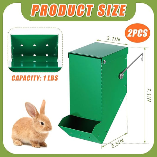 Maxcheck 2 Pcs Rabbit Feeder for Cages Small Animal Food Pellet Dispenser with Lid Metal Chicken Grit Oyster Shell Squirrel Feeders Outside(3.2 Inches,Mesh Bottom,Green)