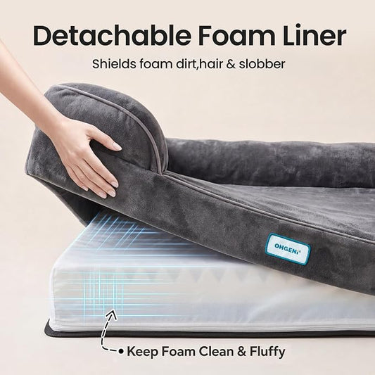OhGeni Orthopedic Dog Bed Couch Big Cat Sofa for Extra Large Sized Pets with Memory Foam, Machine-Washable Waterproof Removable Cover, Soft Comfortable Fabric, 44-inch (Pink)