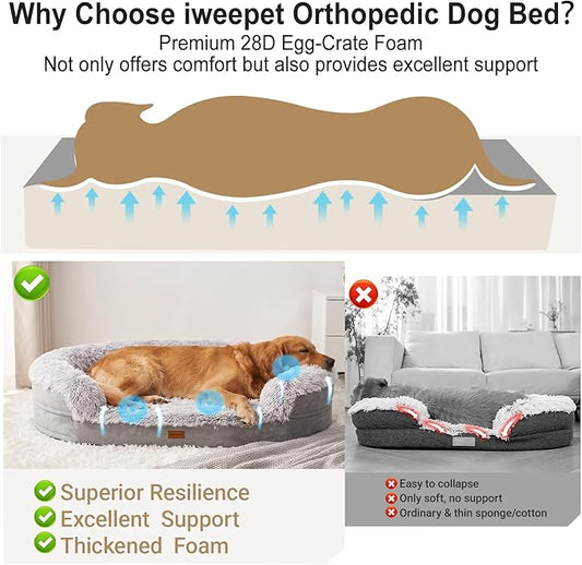 iweepet 3.7 inch Thickened Orthopedic Dog Beds for Jumbo Dogs, Curved Bolster Support Dog Couch with Removable & Washable Fluffy Cover, Orthopedic Oval Memory Foam, Non Slip Bottom,Grey