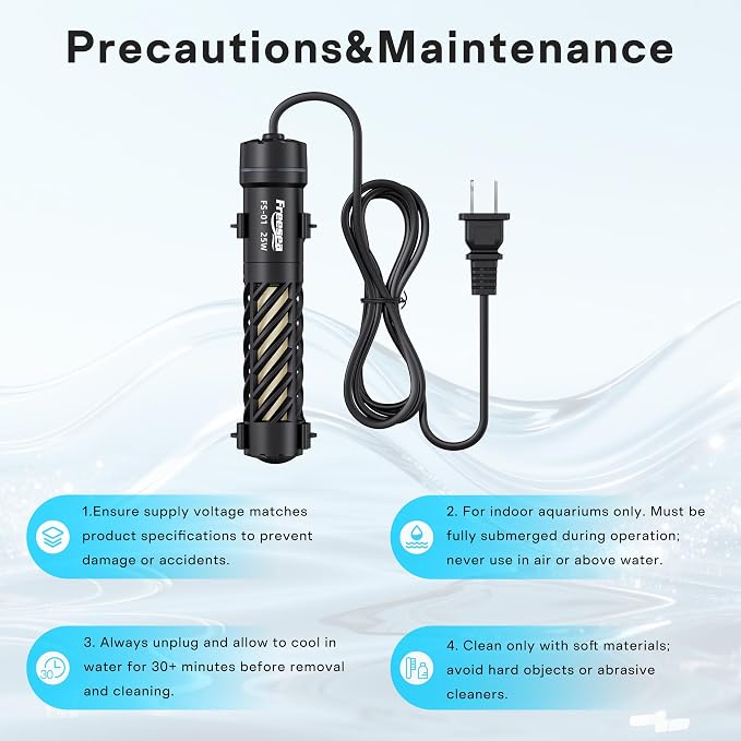 FREESEA Aquarium Heater for Fish Tank: 25W Preset 78°F - 24/7 Stable Temperature Worry-Free Keeping - Auto-Off Out of Water - 1–5 gal Betta Turtle & Saltwater Tank
